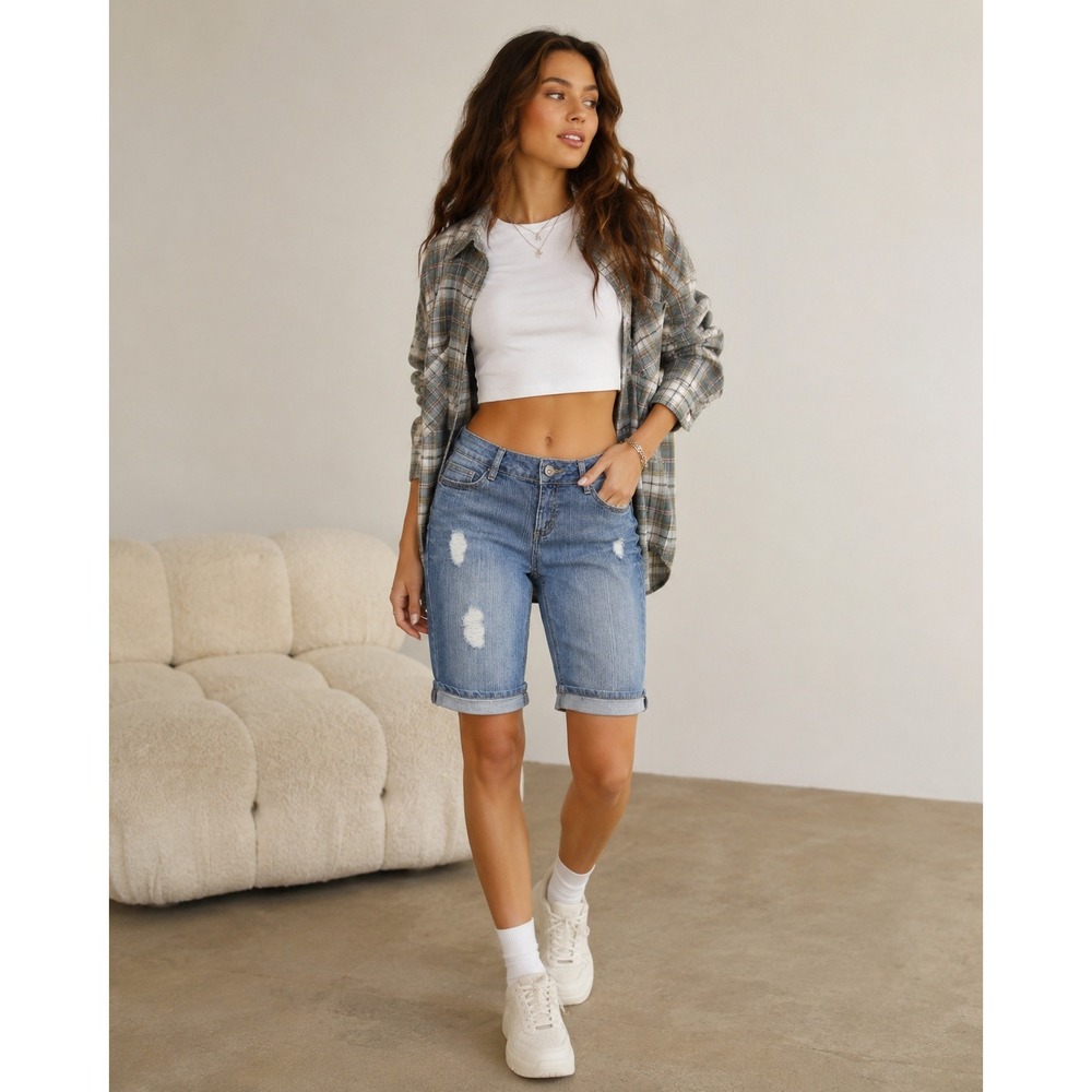Bongo Distressed Cuffed Denim Bermuda Shorts Blue Size 7 Y2K Jorts